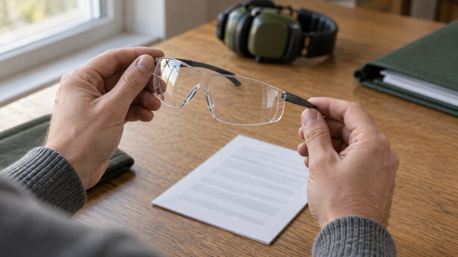 Dłonie trzymające przezroczyste okulary ochronne nad instrukcją na drewnianym biurku.