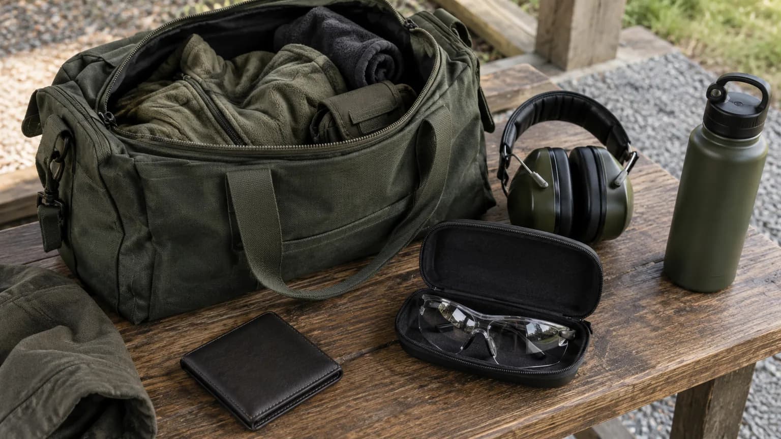Torba sportowa, ochronniki słuchu, okulary w etui, portfel i bidon na ławce.